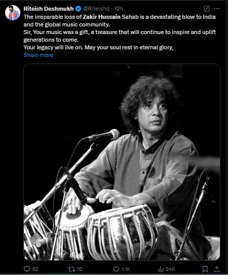 Tabla maestro Ustad Zakir Hussain dies at 73